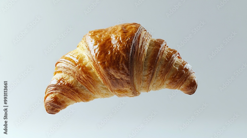 A close-up of a croissant in mid-air against a clear blue sky background A close-up of a croissant in mid-air against a clear blue sky background