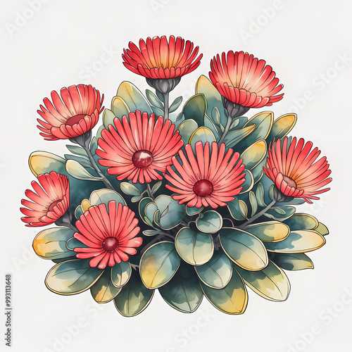 pink and red  table rose flowers , sun flower, purslane, plant and flowers, portulaca grandflora, watercolor illustration, isolated on white background  photo