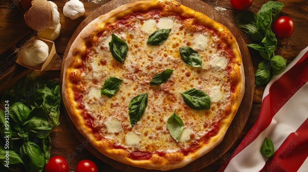 Authentic Italian Pizza on Rustic Kitchen Table with Traditional Tablecloth and Italian Flag Colors Authentic Italian Pizza on Rustic Kitchen Table with Traditional Tablecloth and Italian Flag Colors