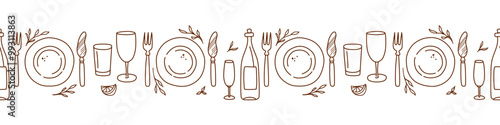 Seamless horizontal border with plate, bottle and wineglass. Decoration for kitchen and tablecloth. Vector illustration on transparent background.