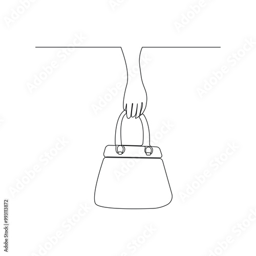 Hand holding a bag one-line art drawing. Holding a bag continuous outline vector.