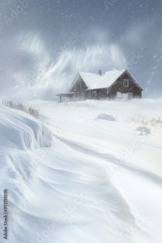 Wallpaper Mural Snow-Covered House in Winter Wonderland with Falling Snow and Dramatic Sky Torontodigital.ca