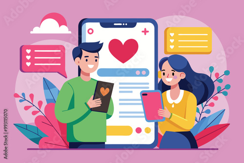 A man and woman interact with a dating app on their devices, surrounded by vibrant visual elements, Dating app with a simple illustration