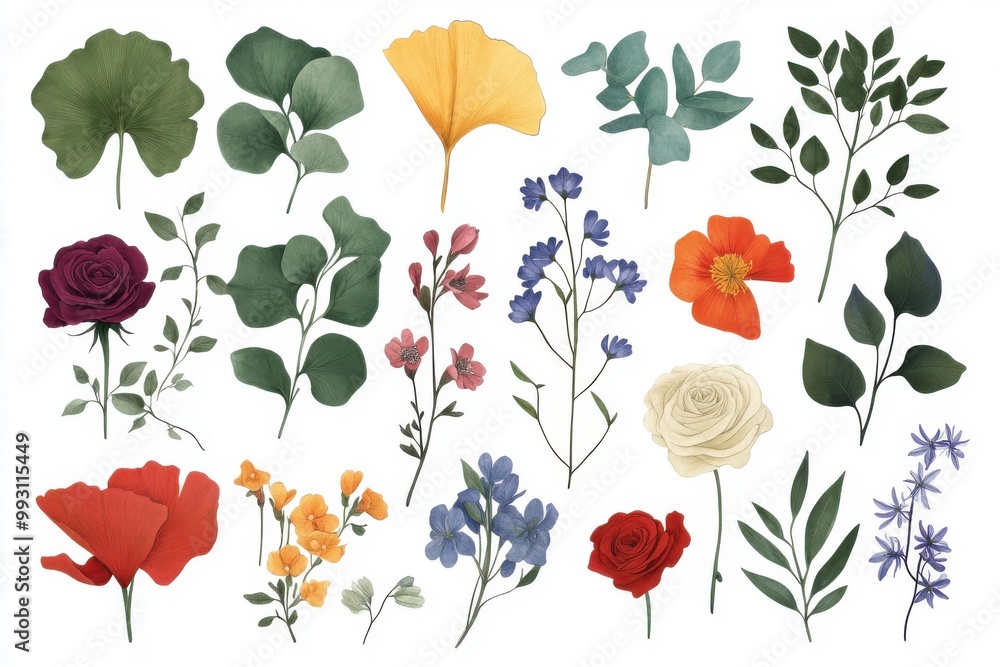 Obraz premium Artistic depiction featuring ginkgo foliage, eucalyptus twigs, cosmos blossoms, rose flowers, bougainvillea creepers, olive shoots, and bluebell blooms