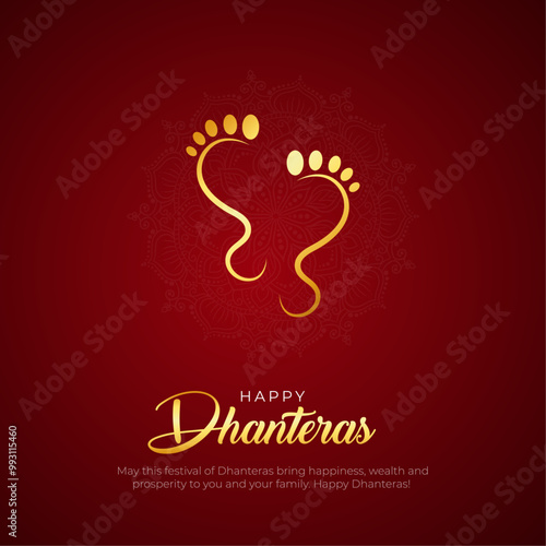 Happy Dhanteras Post and Greeting Card. Hindu Festival Shubh Dhanteras Celebration Poster with Goddess Lakshmi Footprints Vector Illustration