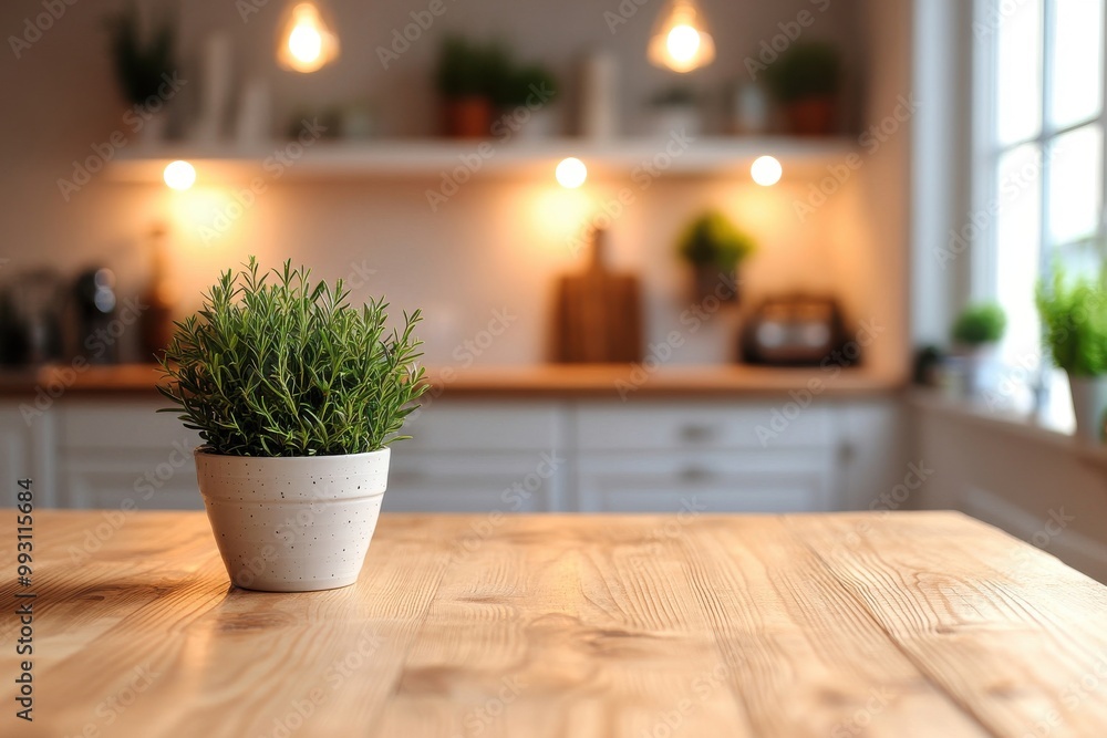 Brown timber surface set against a blurred kitchen scene ideal for displaying various objects and items Brown timber surface set against a blurred kitchen scene ideal for displaying various objects and items