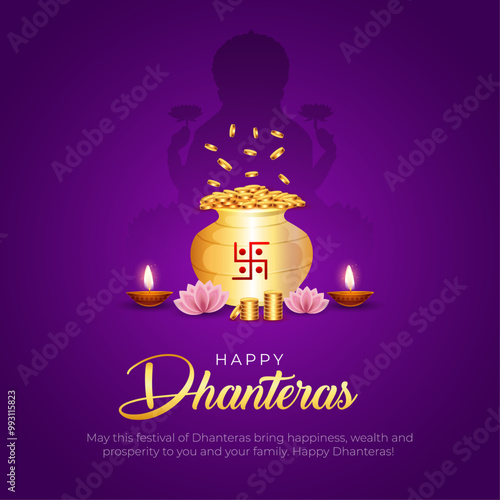 Happy Dhanteras Post and Greeting Card. Hindu Festival Shubh Dhanteras Celebration Poster with Goddess Lakshmi Vector Illustration photo