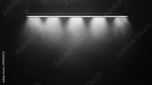 Minimalist Black Background with White Light Bar Shining Down, Creating a Dramatic Illumination Effect. Ideal for Abstract Art, Studio Photography, and Professional Lighting Concepts. photo