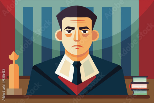 A defendant presents a serious expression while seated at a courtroom desk during legal proceedings, Defendant Illustration