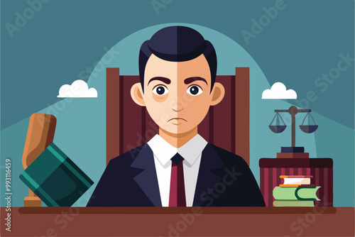 The illustration shows a serious judge seated at a desk with legal books and scales nearby, symbolizing justice, Defendant Illustration