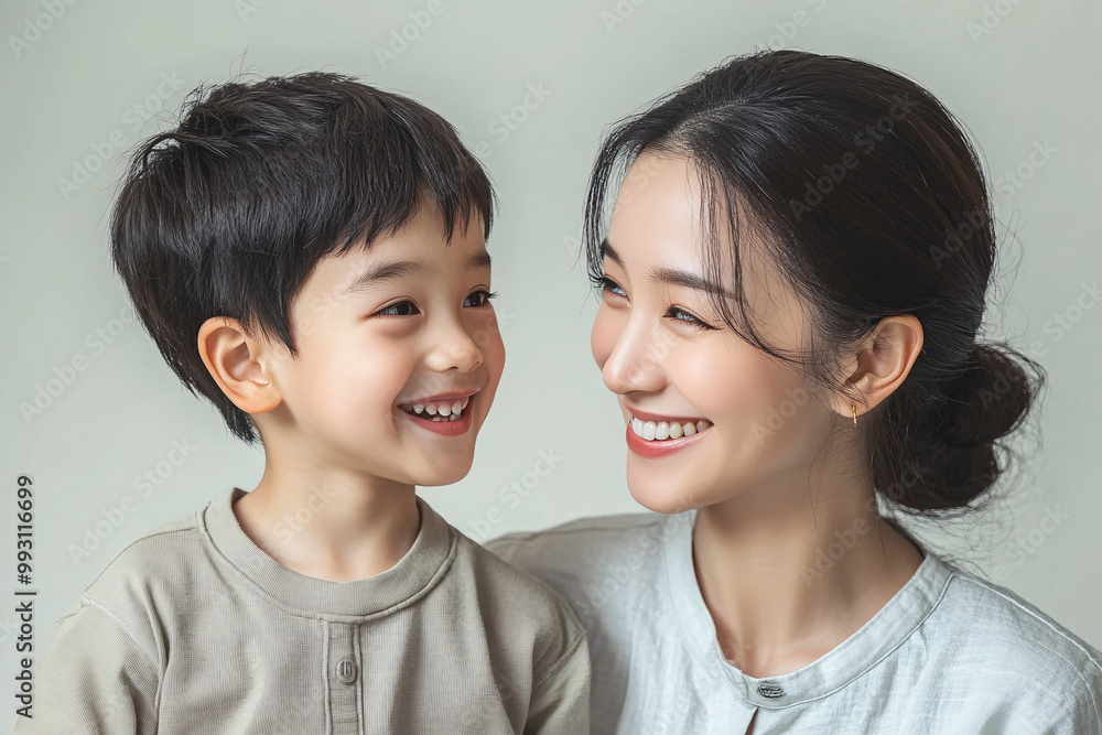 Young Chinese mother and cute son interacting and smiling in front of a plain background, dressed in simple clothes, during a family photo portrait shoot. Young Chinese mother and cute son interacting and smiling in front of a plain background, dressed in simple clothes, during a family photo portrait shoot.