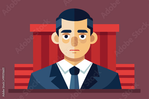 A defendant stands in a courtroom, presenting a serious demeanor with a judge's bench in the background, Defendant Illustration