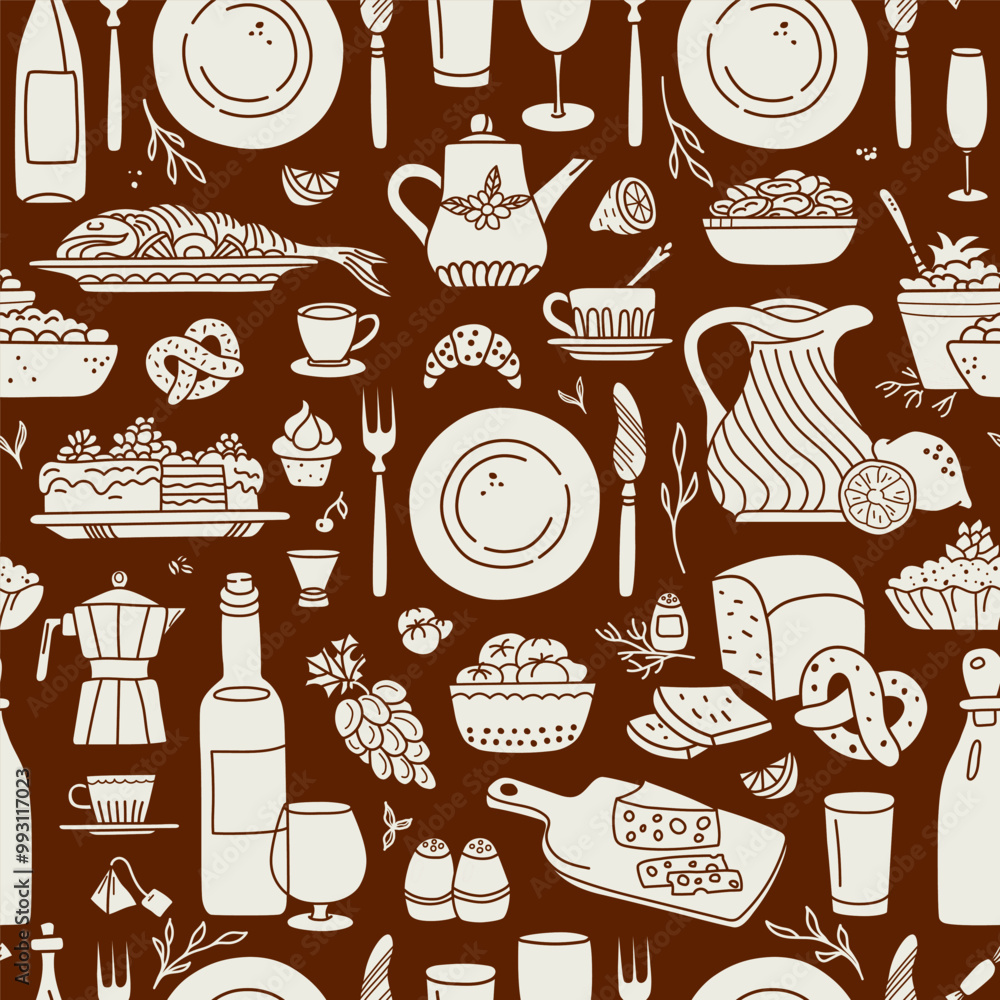 Seamless pattern with drink and food on brown background. Kitchen decoration vector illustration. Seamless pattern with drink and food on brown background. Kitchen decoration vector illustration.