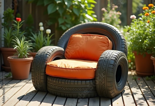 Recycled Tire Chair Artistic Blend of Ecology and Comfort with Cushions for Relaxation