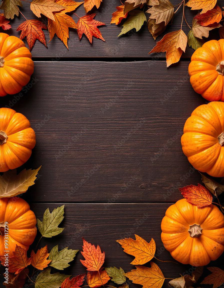 Orange round pumpkins and autumn leaves in a form of frame on a dark wooden surface. Thanksgiving day background concept Orange round pumpkins and autumn leaves in a form of frame on a dark wooden surface. Thanksgiving day background concept