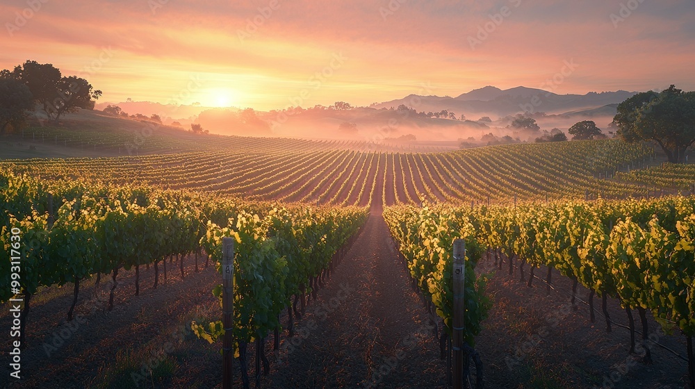 Fototapeta premium The sun is setting over vineyards in Napa Valley, California