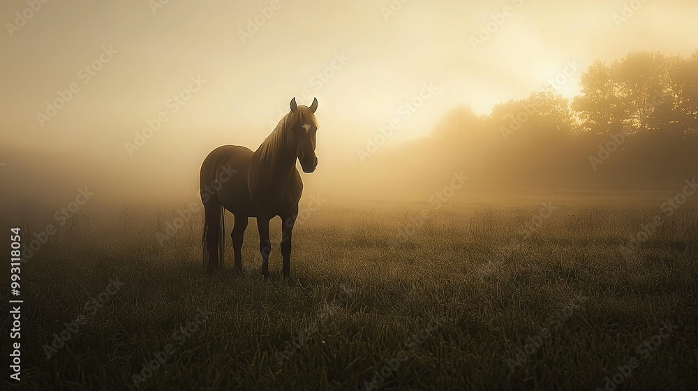 A horse in a field during a foggy morning, bathed in sunlight filtering through the trees A horse in a field during a foggy morning, bathed in sunlight filtering through the trees