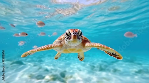 Majestic Sea Turtle Gliding Through Crystal Clear Waters