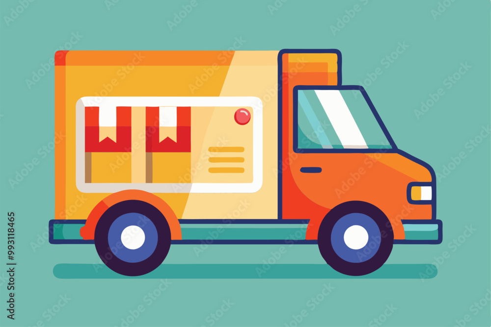A colorful delivery truck showcases packages with labels, symbolizing shipping and logistics, Delivery date for item, flat illustration A colorful delivery truck showcases packages with labels, symbolizing shipping and logistics, Delivery date for item, flat illustration