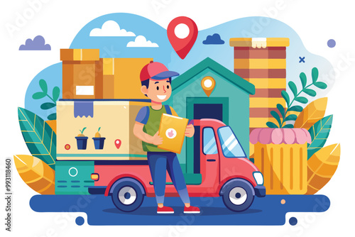 A cheerful delivery worker stands next to a truck holding a package, surrounded by colorful buildings, Delivery company illustration in flat style.