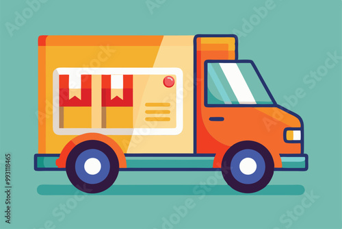 A colorful delivery truck showcases packages with labels, symbolizing shipping and logistics, Delivery date for item, flat illustration