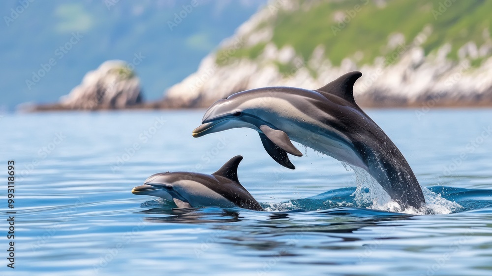 Obraz premium Dolphins Jumping Gracefully in Tranquil Ocean Waters