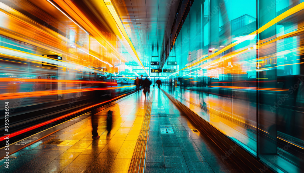 A vibrant long exposure shot captures dynamic movement of people at an airport, with colorful light trails creating sense of speed and energy. scene is filled with bright hues and reflections, evoking A vibrant long exposure shot captures dynamic movement of people at an airport, with colorful light trails creating sense of speed and energy. scene is filled with bright hues and reflections, evoking