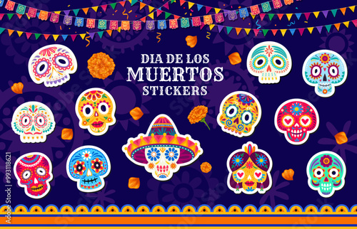 Stickers of Day of the Dead holiday sugar calavera skulls, vector mexican Dia de los Muertos festival decoration. Cartoon Mexico death skulls of Catrina Calavera skeletons with festive makeup, flowers