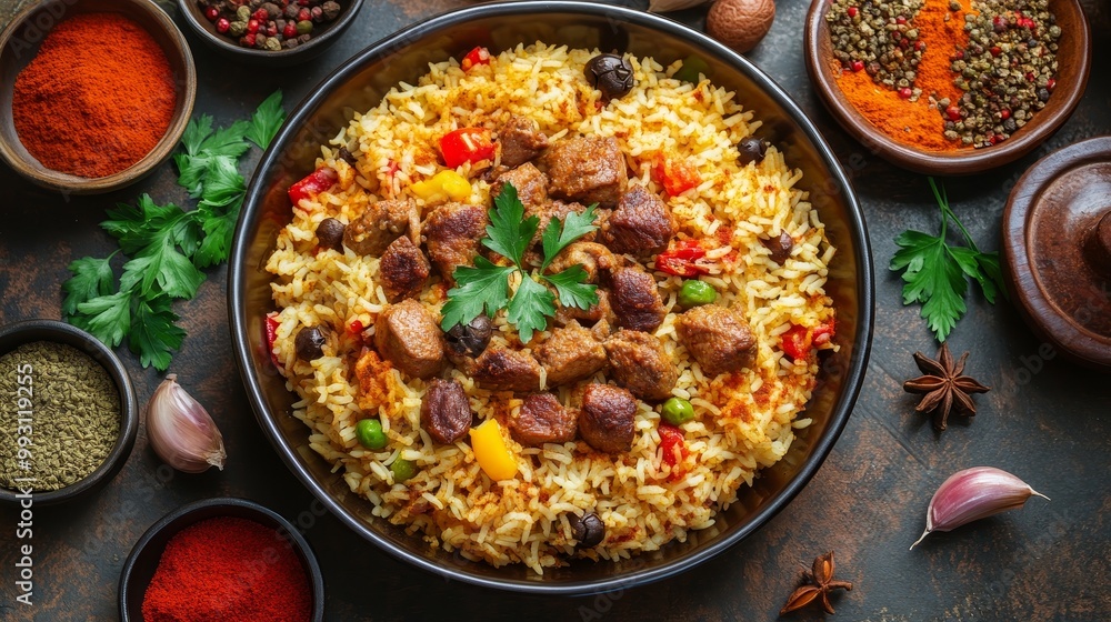 Traditional Bahraini Machboos – Family Dinner with Spiced Rice, Meat, and Colorful Spices Traditional Bahraini Machboos – Family Dinner with Spiced Rice, Meat, and Colorful Spices