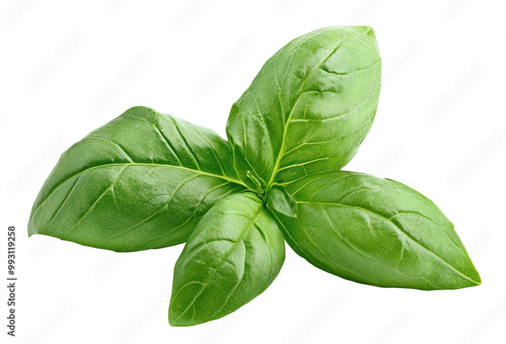 Fototapeta premium Fresh basil leaf with vibrant green color, isolated on transparent cutout background