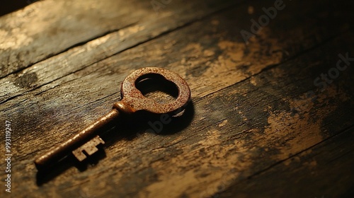  A close-up of a rusty old key on a wooden surface with just one key in the center