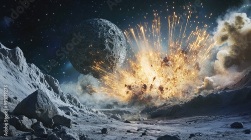 Wallpaper Mural Explosive meteoroid collision with a rocky moon, showing a dramatic display of cosmic fireworks Torontodigital.ca