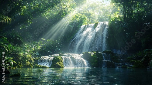  A lush forest hosts a majestic waterfall, beaming sunlight