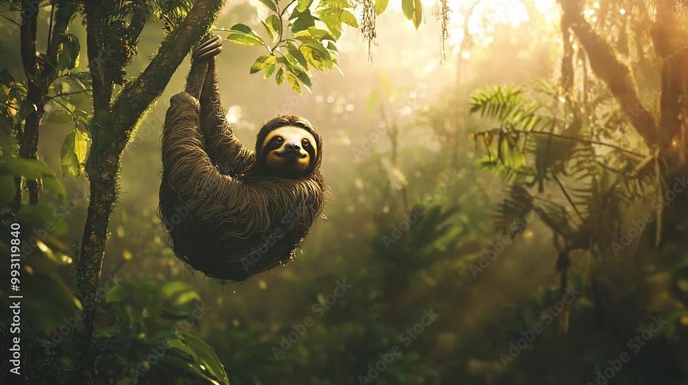 A tree-hanging sloth basks under dappled sunlight while leaves blanket the forest floor below A tree-hanging sloth basks under dappled sunlight while leaves blanket the forest floor below