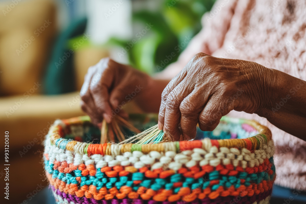 Senior Hands Weaving Vibrant Basket Senior Hands Weaving Vibrant Basket