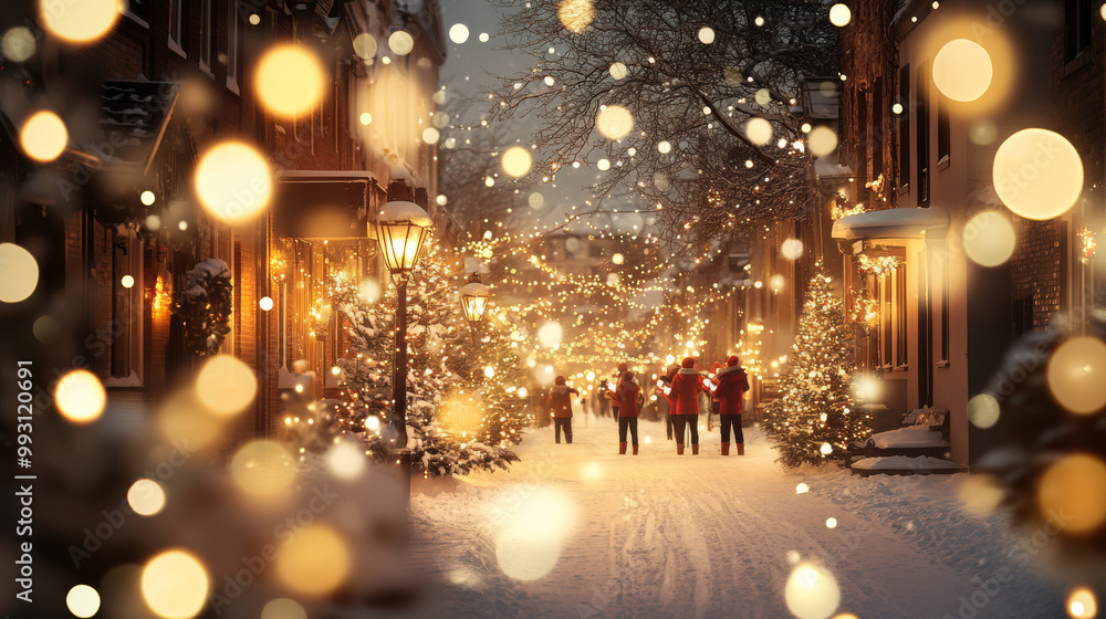 A magical winter evening scene with softly glowing lights illuminating snowy street. People in festive attire stroll through enchanting atmosphere, surrounded by decorated trees and warm lanterns A magical winter evening scene with softly glowing lights illuminating snowy street. People in festive attire stroll through enchanting atmosphere, surrounded by decorated trees and warm lanterns