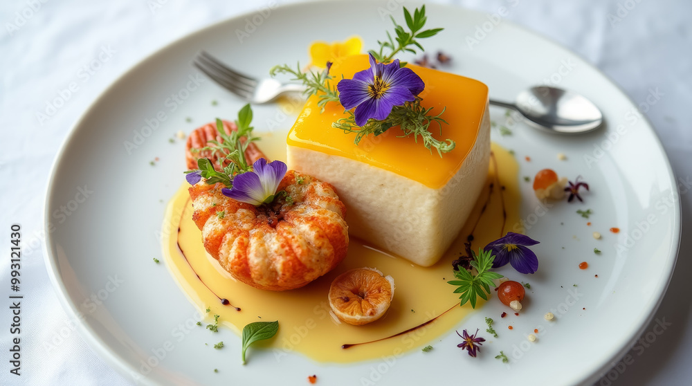 This stunning dessert showcases a mango mousse complemented by a succulent shrimp and adorned with vibrant edible flowers, creating a delightful culinary masterpiece This stunning dessert showcases a mango mousse complemented by a succulent shrimp and adorned with vibrant edible flowers, creating a delightful culinary masterpiece