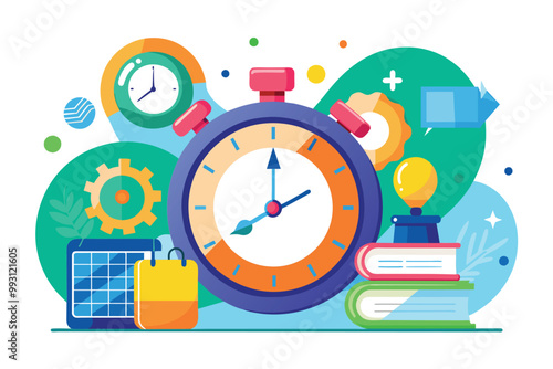 This artwork features various study items and timers symbolizing effective learning and time management strategies, Desired study duration, simple picture