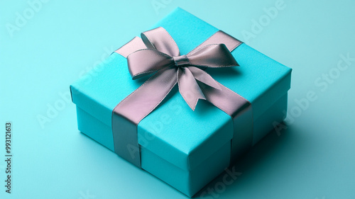 Wallpaper Mural A bright blue gift box tied with satin ribbon sits elegantly against soft turquoise background, perfect for any special occasion Torontodigital.ca