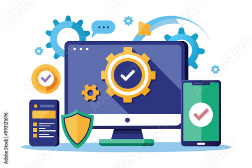 A flat illustration displays a computer and phone undergoing security updates with gears and checkmarks, Device updating security, flat illustration.