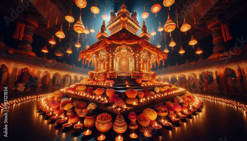 Illuminated Indian Temple with Oil Lamps for Diwali