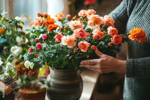 Wallpaper Mural Elderly Woman Arranging Flowers by a Sunny Window  Torontodigital.ca