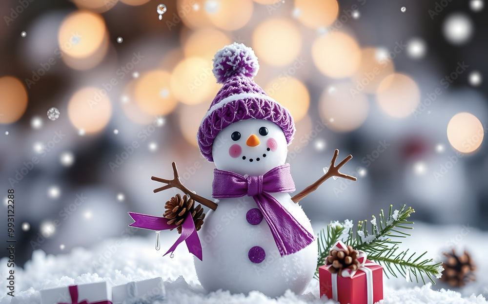 Microscopic image of a small purple snowman for Christmas with icicles, ribbons, cones and pine branches. A gift on a softly blurred background, elegant composition. Ultra-high resolution illustration Microscopic image of a small purple snowman for Christmas with icicles, ribbons, cones and pine branches. A gift on a softly blurred background, elegant composition. Ultra-high resolution illustration