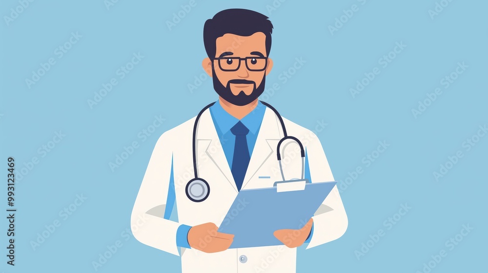 A professional doctor reading a report in a flat design illustration A professional doctor reading a report in a flat design illustration