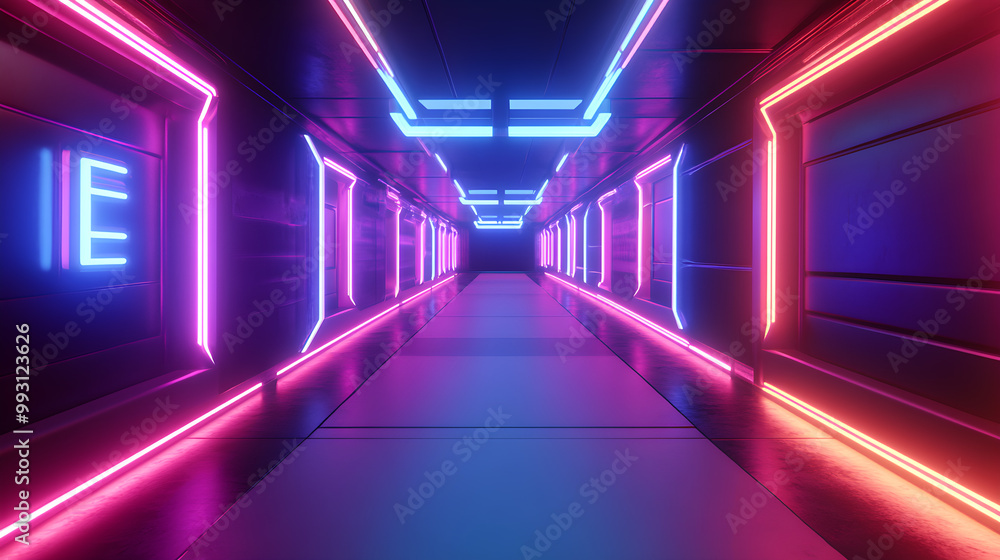 A brightly lit futuristic hallway illuminated with vibrant pink and blue neon lights, evoking a sci-fi or cyberpunk atmosphere with a sleek and modern design A brightly lit futuristic hallway illuminated with vibrant pink and blue neon lights, evoking a sci-fi or cyberpunk atmosphere with a sleek and modern design