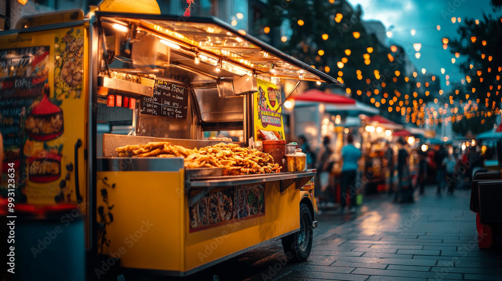 Delight in vibrant atmosphere of city festival featuring colorful food truck serving delicious snacks. scene is illuminated by warm lights, creating festive mood Delight in vibrant atmosphere of city festival featuring colorful food truck serving delicious snacks. scene is illuminated by warm lights, creating festive mood