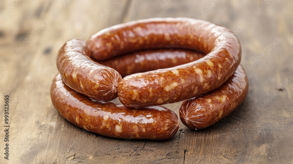 Sausages in Olympic Ring Formation on Wooden Table Sausages in Olympic Ring Formation on Wooden Table
