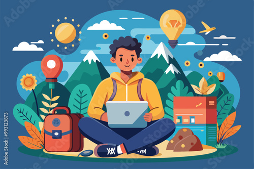 A digital nomad sits cross-legged outdoors, working on a laptop with mountains and sunlight in the background, Digital nomad illustration that can be customized.