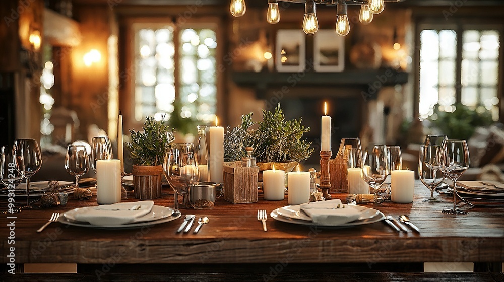 A table is adorned with candles, plates, and napkins for a festive dinner or a special occasion A table is adorned with candles, plates, and napkins for a festive dinner or a special occasion