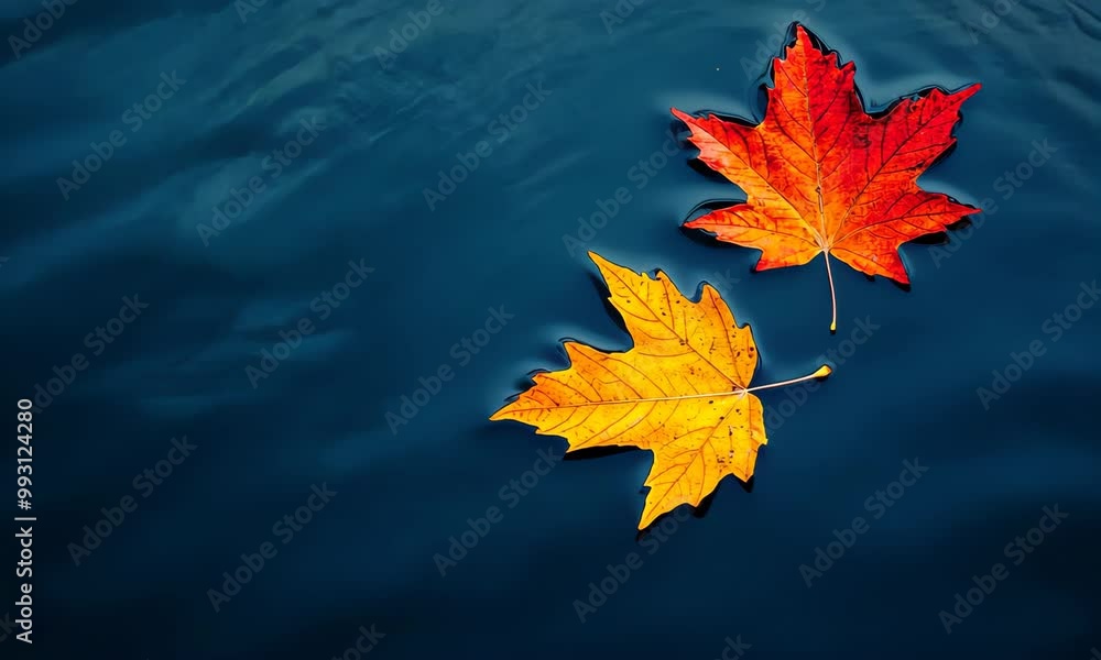 Two autumn leaves, one red and one yellow, floating on calm dark water, reflecting a peaceful autumn setting. Two autumn leaves, one red and one yellow, floating on calm dark water, reflecting a peaceful autumn setting.